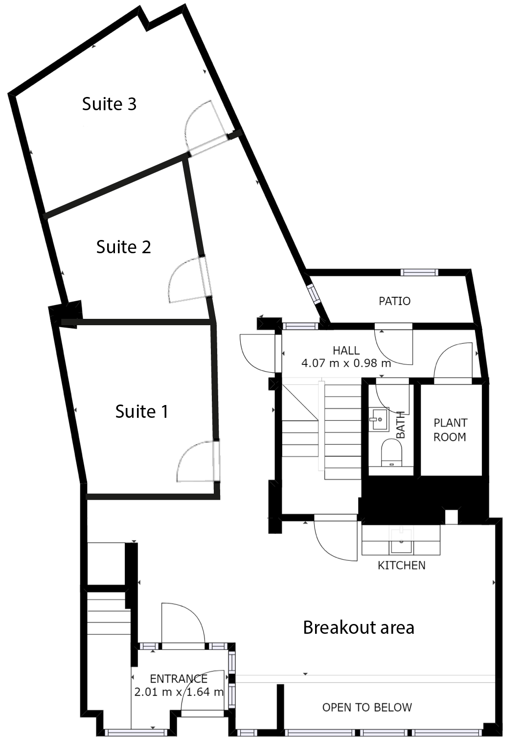Merchant House Ground floor plan with coworking offices, coworking meeting room and private office suites. 